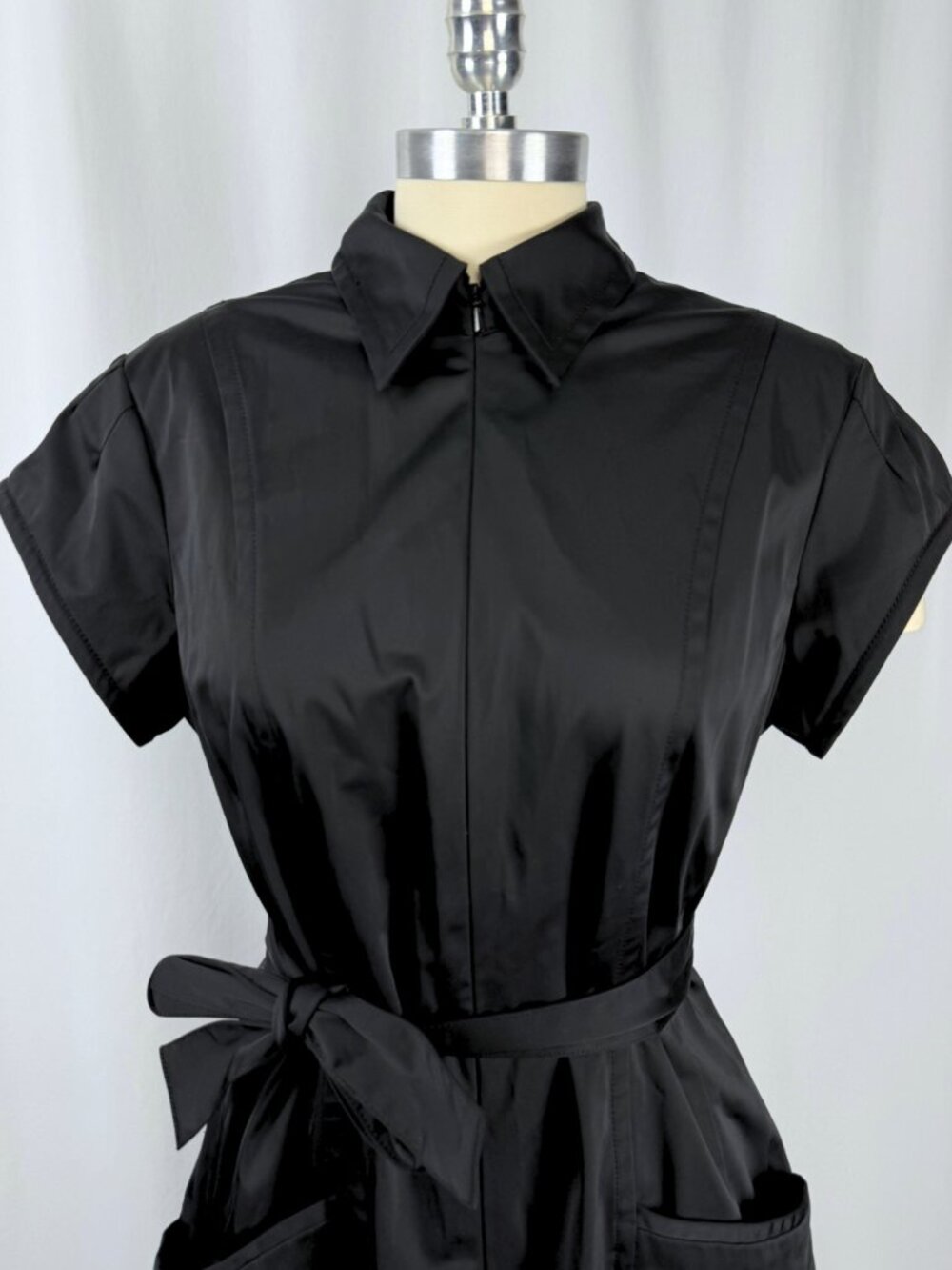 Y2K Jacob Black Belted A-Line Midi Dress Zip Front Gothic Minimalist M